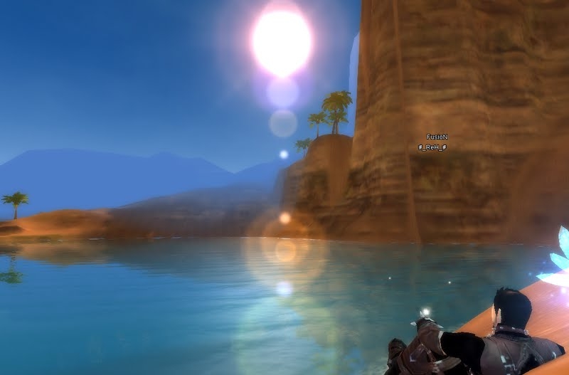 Personagem observando um lago e as montanhas do mundo de Elite Perfect World