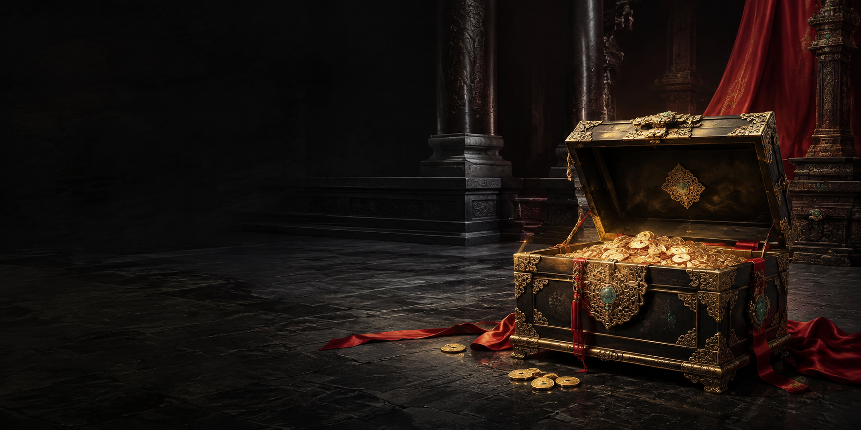 Baú dourado aberto no salão de tesouros